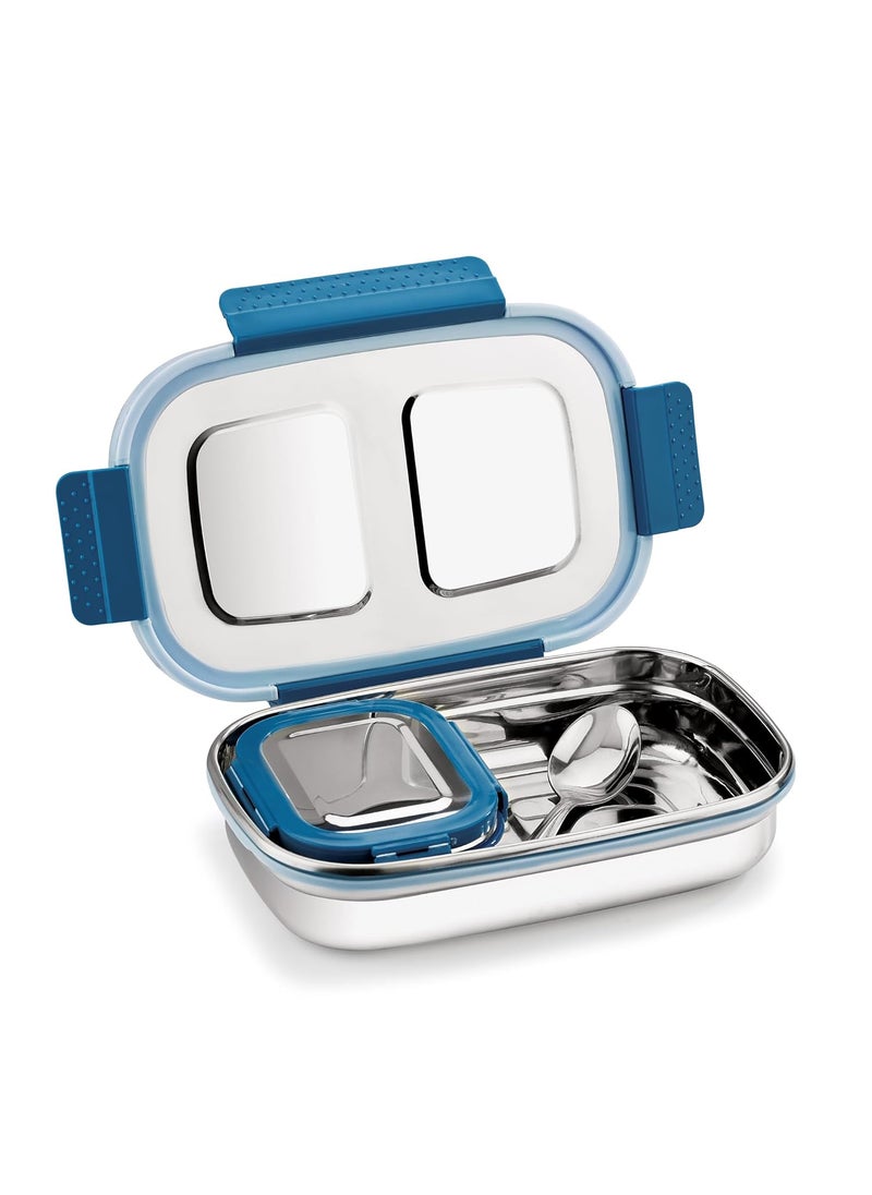 PRATAP Leak Proof Airtight BPA Free Eat Smart Premium Stainless Steel Lunch Tiffin Box Set with Steel Spoon 4 Side Clip Lock Lid for Office & School Use Kids Women Men (Blue, 840 ml & 190 ml)