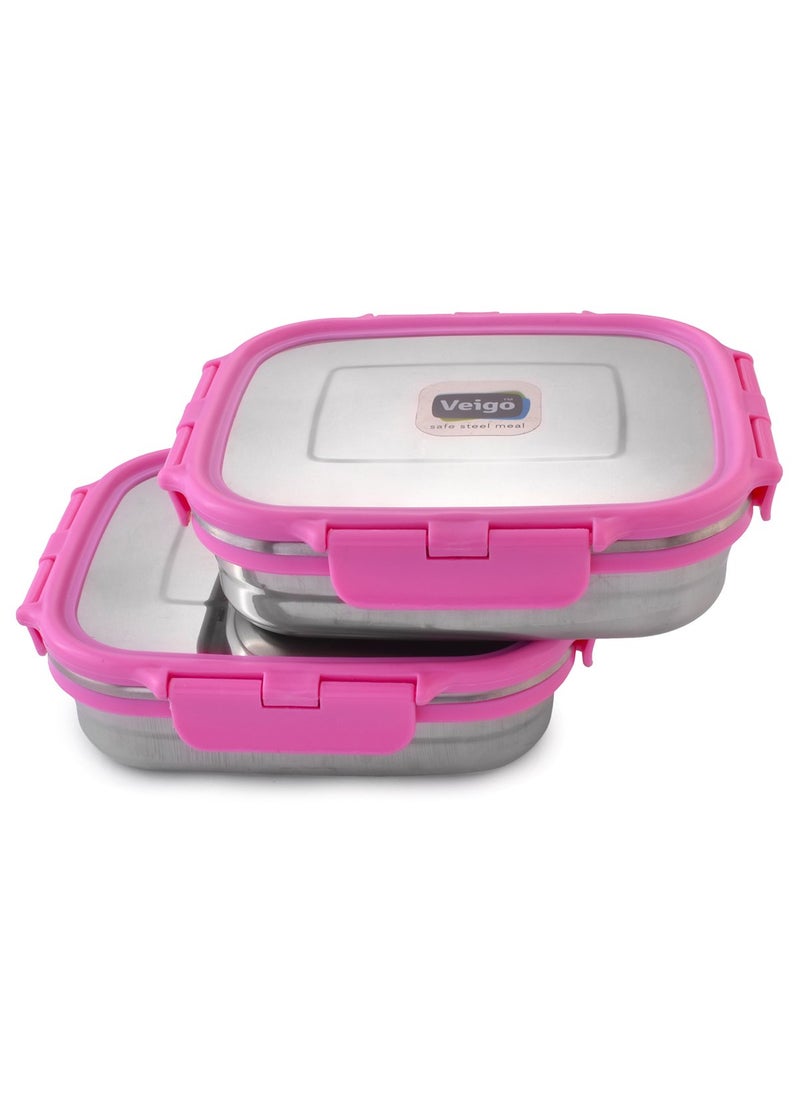 Veigo Lock N Steel 100% Air Tight 2 Pcs Container, Pink, 600 Milliliter