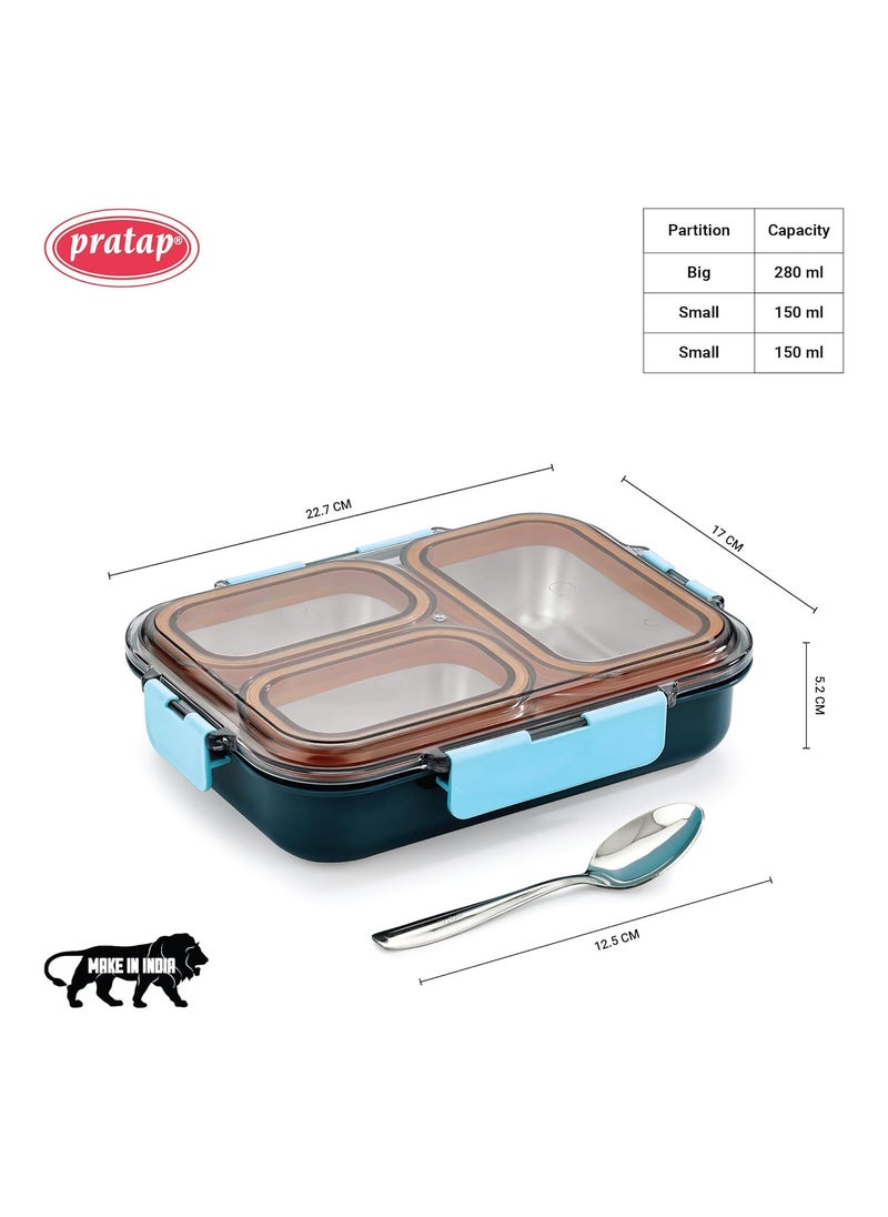 PRATAP Leak Proof Airtight Unbreakable Lid BPA Free Ceelik Trio Stainless Steel Insulated Lunch Tiffin Box Set with Steel Spoon 3 Compartment Lunch Box for School Kids, Office Women Men (Blue, 580 ml)
