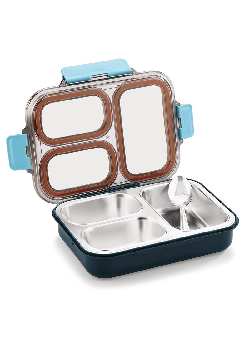 PRATAP Leak Proof Airtight Unbreakable Lid BPA Free Ceelik Trio Stainless Steel Insulated Lunch Tiffin Box Set with Steel Spoon 3 Compartment Lunch Box for School Kids, Office Women Men (Blue, 580 ml)