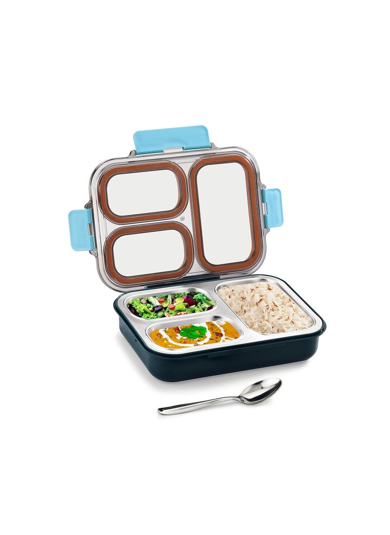 PRATAP Leak Proof Airtight Unbreakable Lid BPA Free Ceelik Trio Stainless Steel Insulated Lunch Tiffin Box Set with Steel Spoon 3 Compartment Lunch Box for School Kids, Office Women Men (Blue, 580 ml)