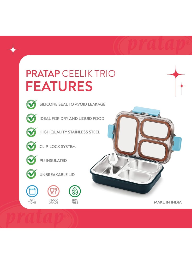 PRATAP Leak Proof Airtight Unbreakable Lid BPA Free Ceelik Trio Stainless Steel Insulated Lunch Tiffin Box Set with Steel Spoon 3 Compartment Lunch Box for School Kids, Office Women Men (Blue, 580 ml)