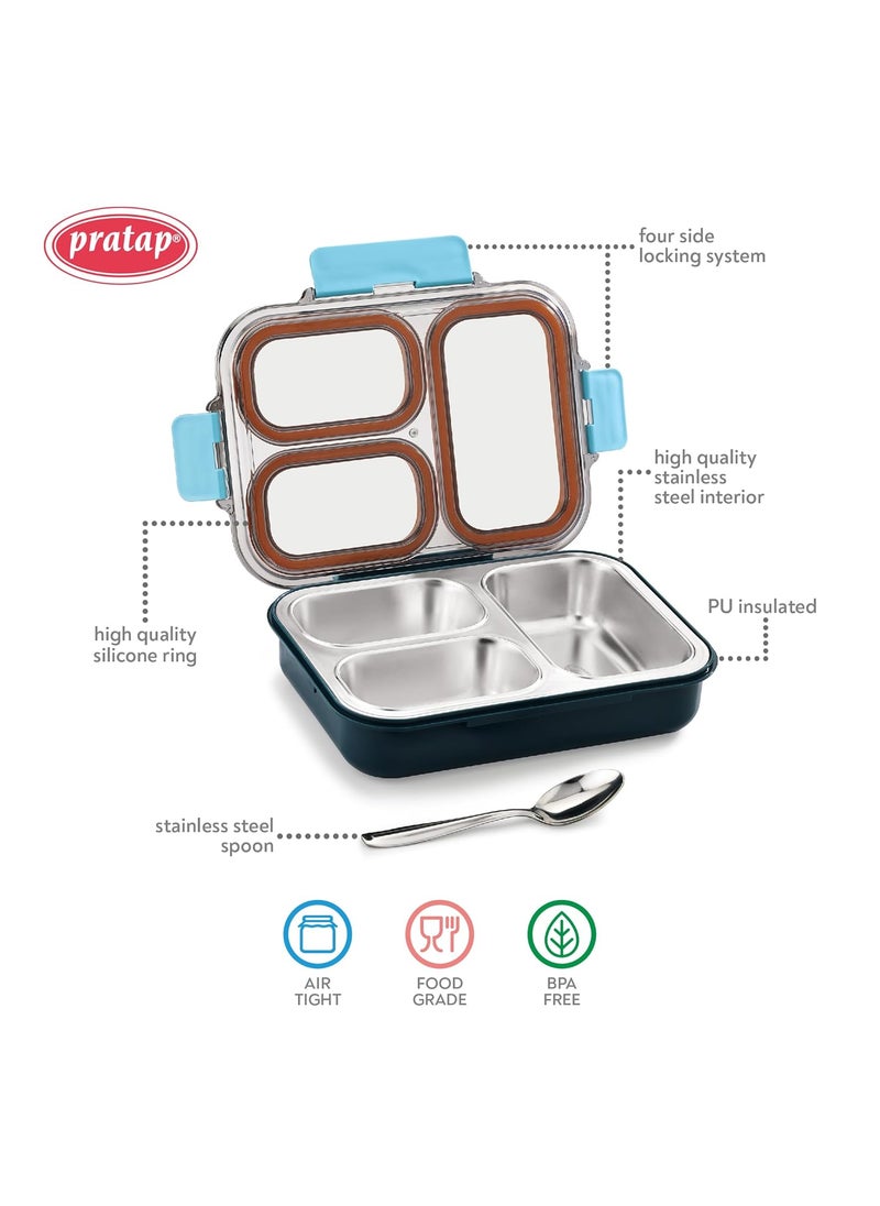 PRATAP Leak Proof Airtight Unbreakable Lid BPA Free Ceelik Trio Stainless Steel Insulated Lunch Tiffin Box Set with Steel Spoon 3 Compartment Lunch Box for School Kids, Office Women Men (Blue, 580 ml)
