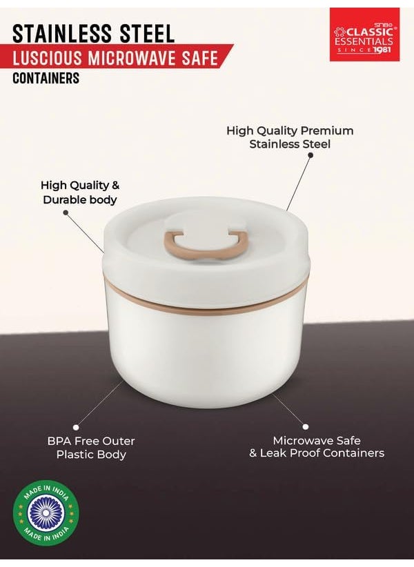 CLASSIC ESSENTIALS Luscious Microwave Safe Double Wall Insulated Lunch Box, Airtight & Leak Proof, Inside Steel Containers with BPA Free Lids - White (600 ml)