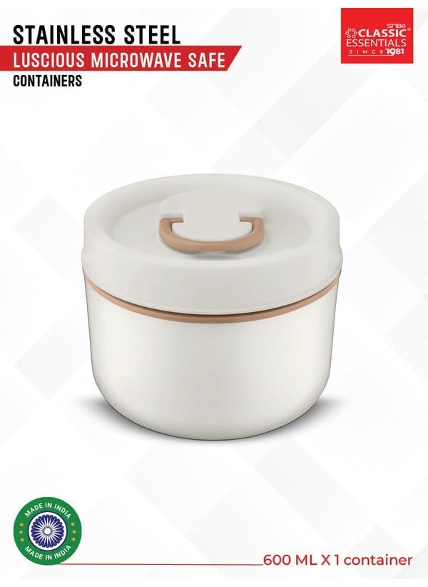 CLASSIC ESSENTIALS Luscious Microwave Safe Double Wall Insulated Lunch Box, Airtight & Leak Proof, Inside Steel Containers with BPA Free Lids - White (600 ml)