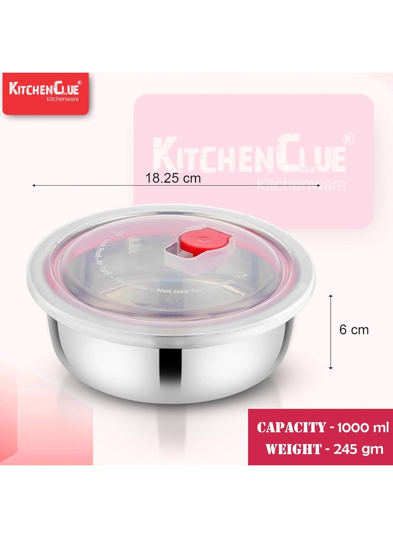 KITCHEN CLUE Stainless Steel Container (1000ml, Dia-18.25cm, Weight-245gm) Vacuum Air-Tight Storage Box for Kitchen, Fridge Storage Container - Steel Lunch Box Container for Office School