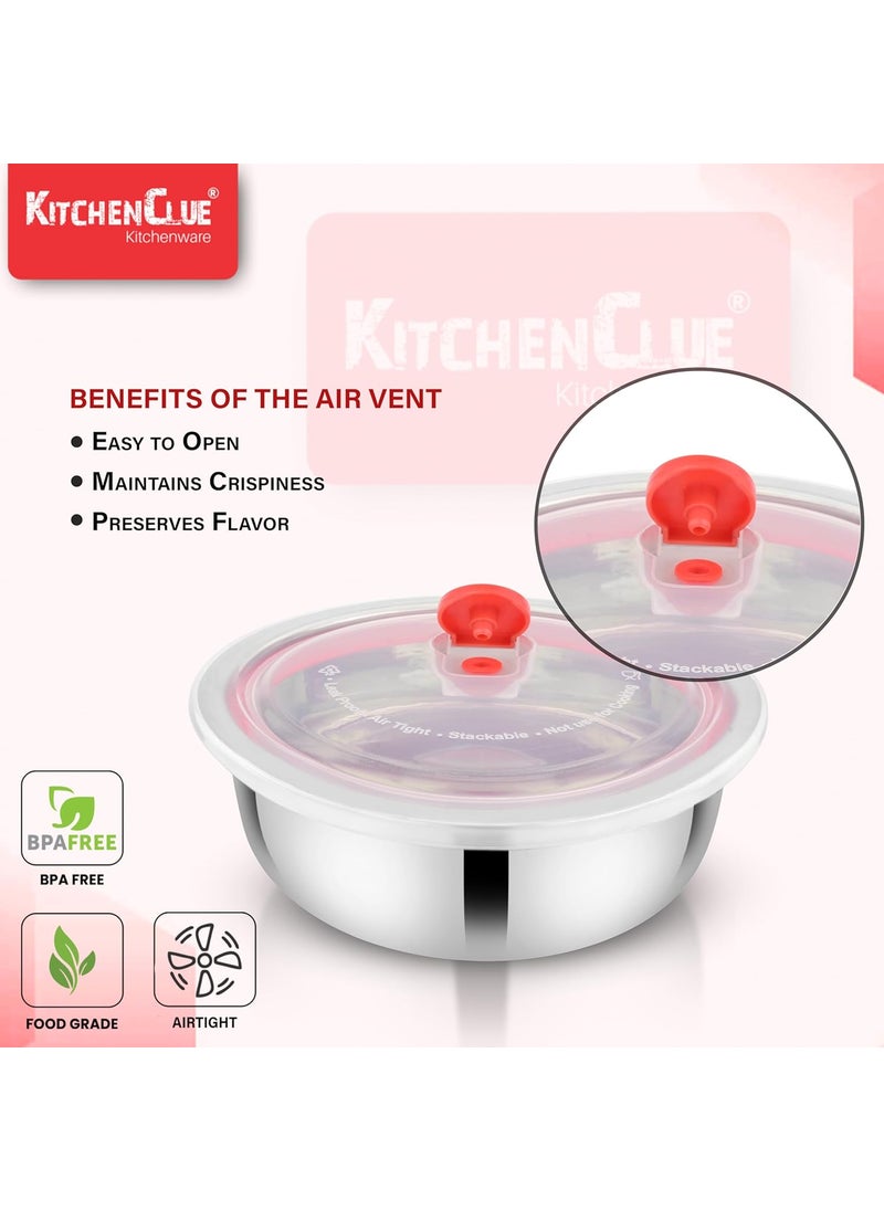 KITCHEN CLUE Stainless Steel Container (1000ml, Dia-18.25cm, Weight-245gm) Vacuum Air-Tight Storage Box for Kitchen, Fridge Storage Container - Steel Lunch Box Container for Office School