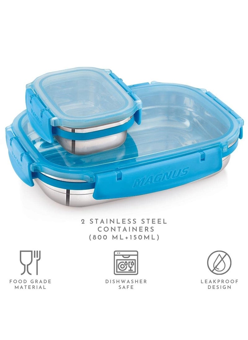 Magnus Bolt Classic Rectangular Airtight & Leakproof Stainless Steel Lunch Box with Plastic Lid (800 ml + 150 ml) Detachable Clip Lock, Ideal Lunch Box for Kids & Lunch Boxes for Office Men, Women