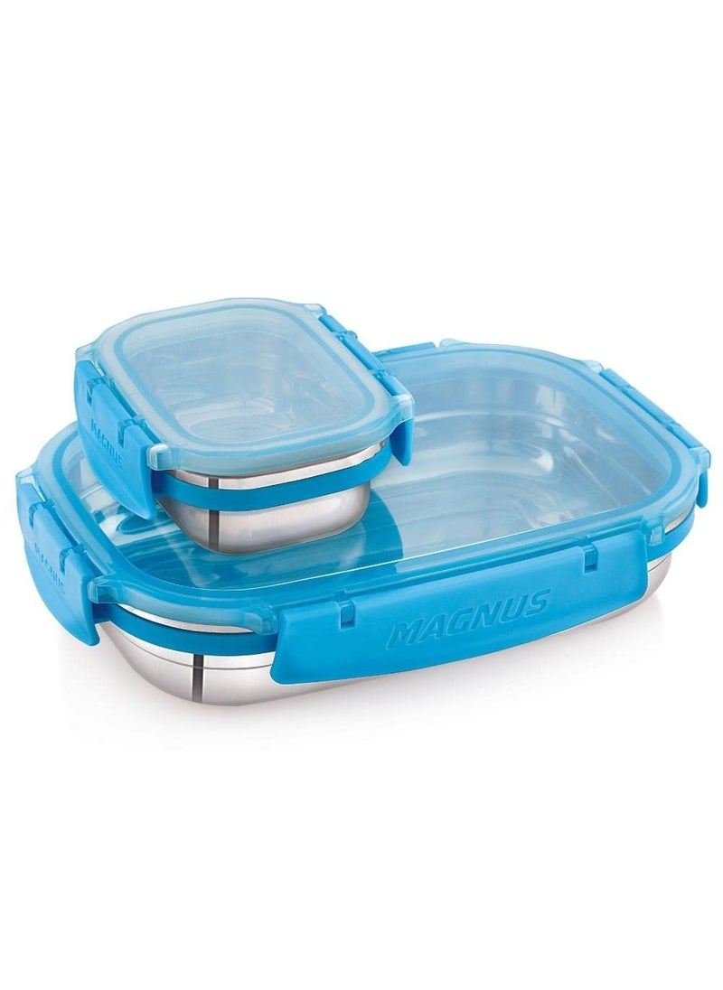 Magnus Bolt Classic Rectangular Airtight & Leakproof Stainless Steel Lunch Box with Plastic Lid (800 ml + 150 ml) Detachable Clip Lock, Ideal Lunch Box for Kids & Lunch Boxes for Office Men, Women