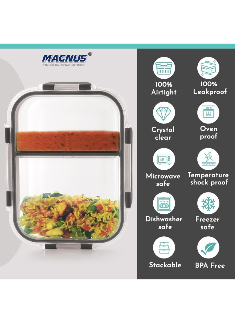 Magnus G-Lock Glass Food Divider Rectangle Container No. 4 | 970 ML with Detachable Lock - Ideal Lunch Box, Tiffin Box for Office Men - Durable and Leakproof Lunch Boxes for Office Use