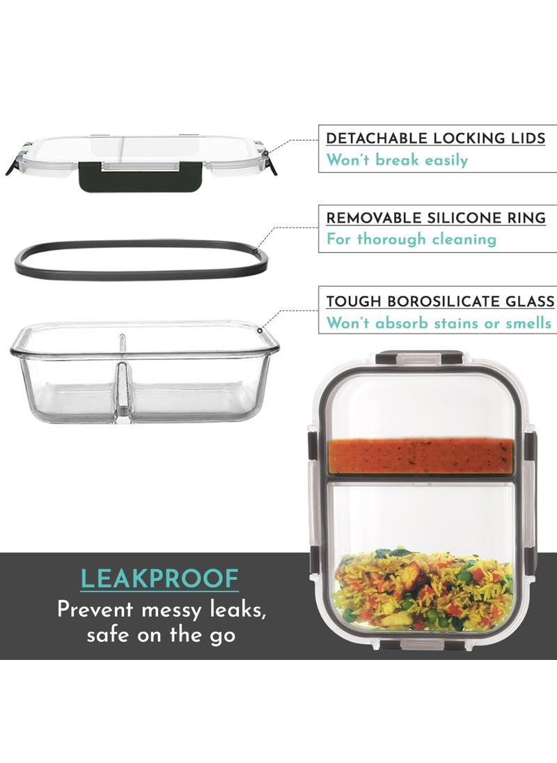 Magnus G-Lock Glass Food Divider Rectangle Container No. 4 | 970 ML with Detachable Lock - Ideal Lunch Box, Tiffin Box for Office Men - Durable and Leakproof Lunch Boxes for Office Use