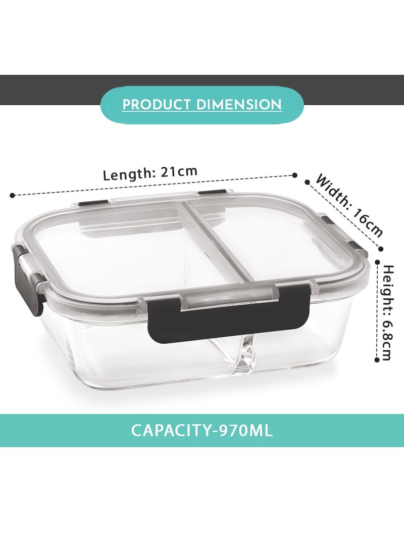 Magnus G-Lock Glass Food Divider Rectangle Container No. 4 | 970 ML with Detachable Lock - Ideal Lunch Box, Tiffin Box for Office Men - Durable and Leakproof Lunch Boxes for Office Use