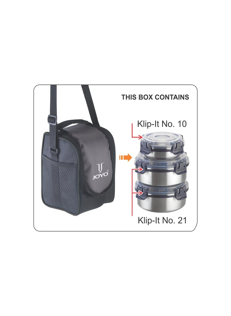 Joyo Klip It Lunch Pack with Zipper Pouch, 100% Leak Proof, 3 Stainless Steel Containers with BPA Free Airtight 4 Side Lock Lids (475 ML X 2, 375 ML) - (Grey)
