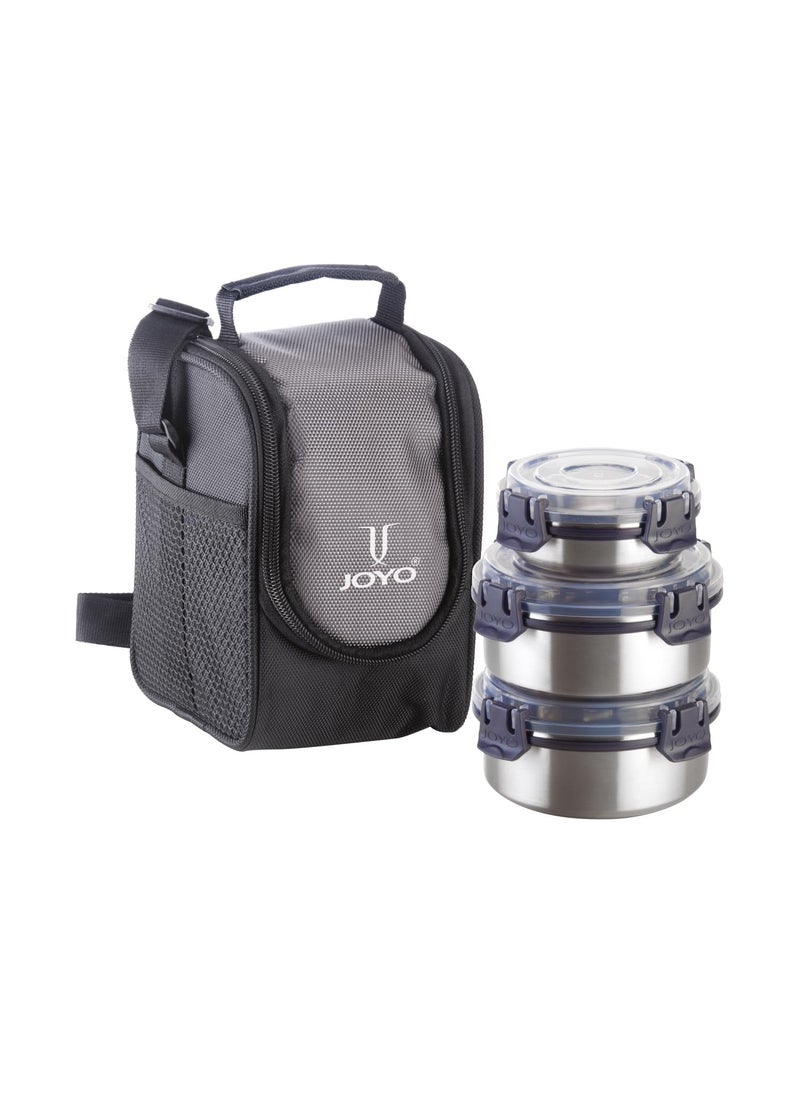 Joyo Klip It Lunch Pack with Zipper Pouch, 100% Leak Proof, 3 Stainless Steel Containers with BPA Free Airtight 4 Side Lock Lids (475 ML X 2, 375 ML) - (Grey)
