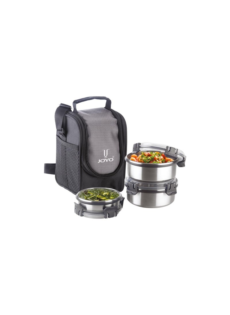 Joyo Klip It Lunch Pack with Zipper Pouch, 100% Leak Proof, 3 Stainless Steel Containers with BPA Free Airtight 4 Side Lock Lids (475 ML X 2, 375 ML) - (Grey)