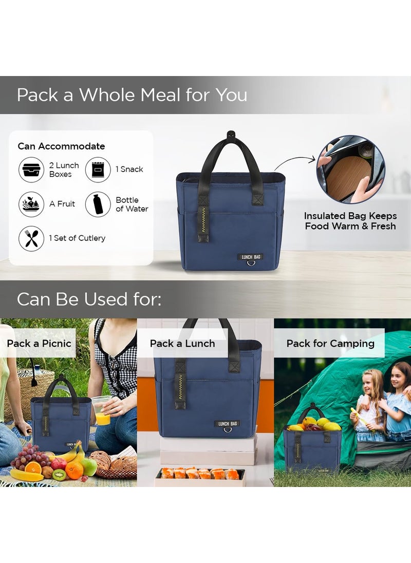 UMAI Insulated Lunch Bag for Kids, Women & Men, Ideal Tote Tiffin Bag for Office/School/Camping/Gym-Lightweight, Durable Handle, Large Capacity, Multifunctional Pockets, Easy to Clean (Navy Blue)