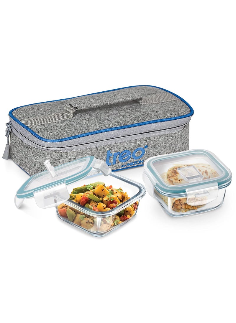 Treo by Milton All Fresh Square Glass Lunch Box, Set Of 2, Clear, 400ml each with Lunch Bag, Microwave & Dishwasher Safe, Leak Proof Containers, Borosilicate Glass, Office Tiffin