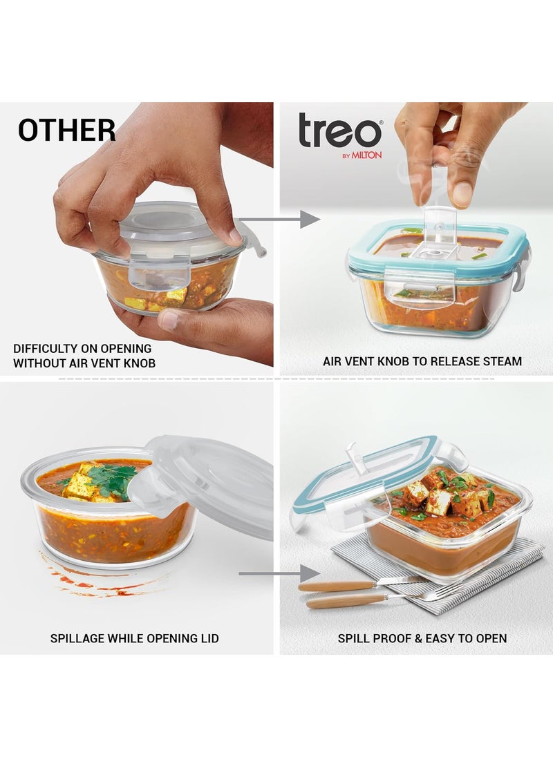 Treo by Milton All Fresh Square Glass Lunch Box, Set Of 2, Clear, 400ml each with Lunch Bag, Microwave & Dishwasher Safe, Leak Proof Containers, Borosilicate Glass, Office Tiffin