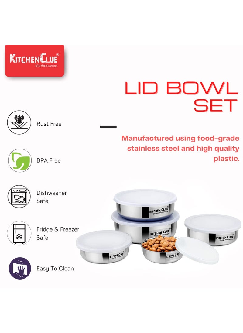KITCHEN CLUE Stainless Steel Lunch Box/Tiffin Containers Set with Leak Proof Lids for Office, Home Kitchen - Pack of 5 Pcs, Silver - Easy to Carry & Easy to Store - Dishwasher Safe, BPA Free