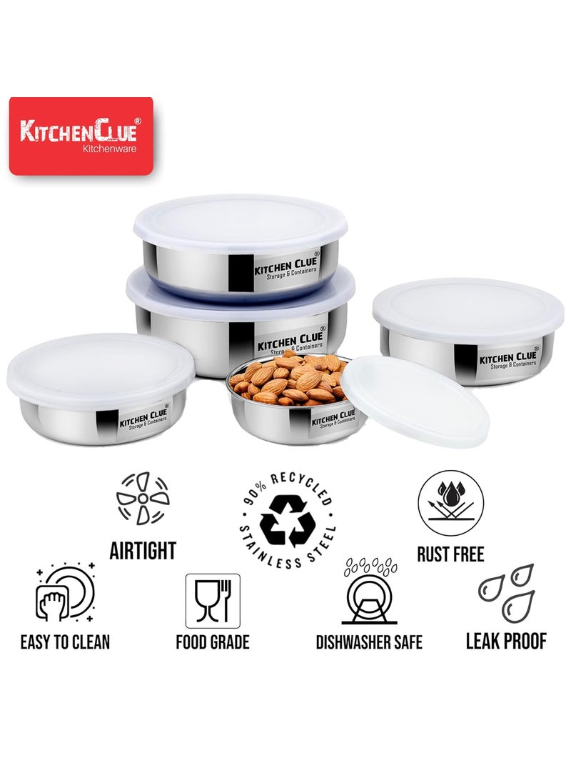 KITCHEN CLUE Stainless Steel Lunch Box/Tiffin Containers Set with Leak Proof Lids for Office, Home Kitchen - Pack of 5 Pcs, Silver - Easy to Carry & Easy to Store - Dishwasher Safe, BPA Free