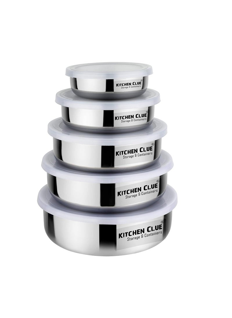 KITCHEN CLUE Stainless Steel Lunch Box/Tiffin Containers Set with Leak Proof Lids for Office, Home Kitchen - Pack of 5 Pcs, Silver - Easy to Carry & Easy to Store - Dishwasher Safe, BPA Free