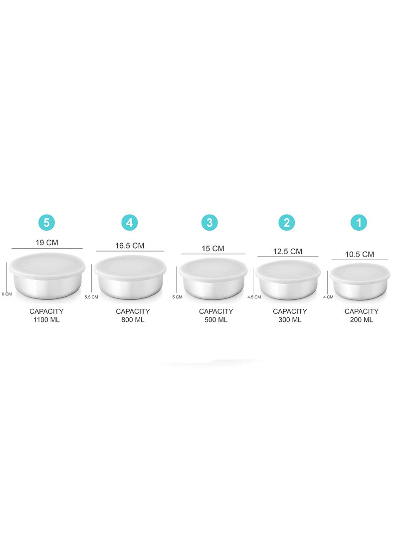 KITCHEN CLUE Stainless Steel Lunch Box/Tiffin Containers Set with Leak Proof Lids for Office, Home Kitchen - Pack of 5 Pcs, Silver - Easy to Carry & Easy to Store - Dishwasher Safe, BPA Free