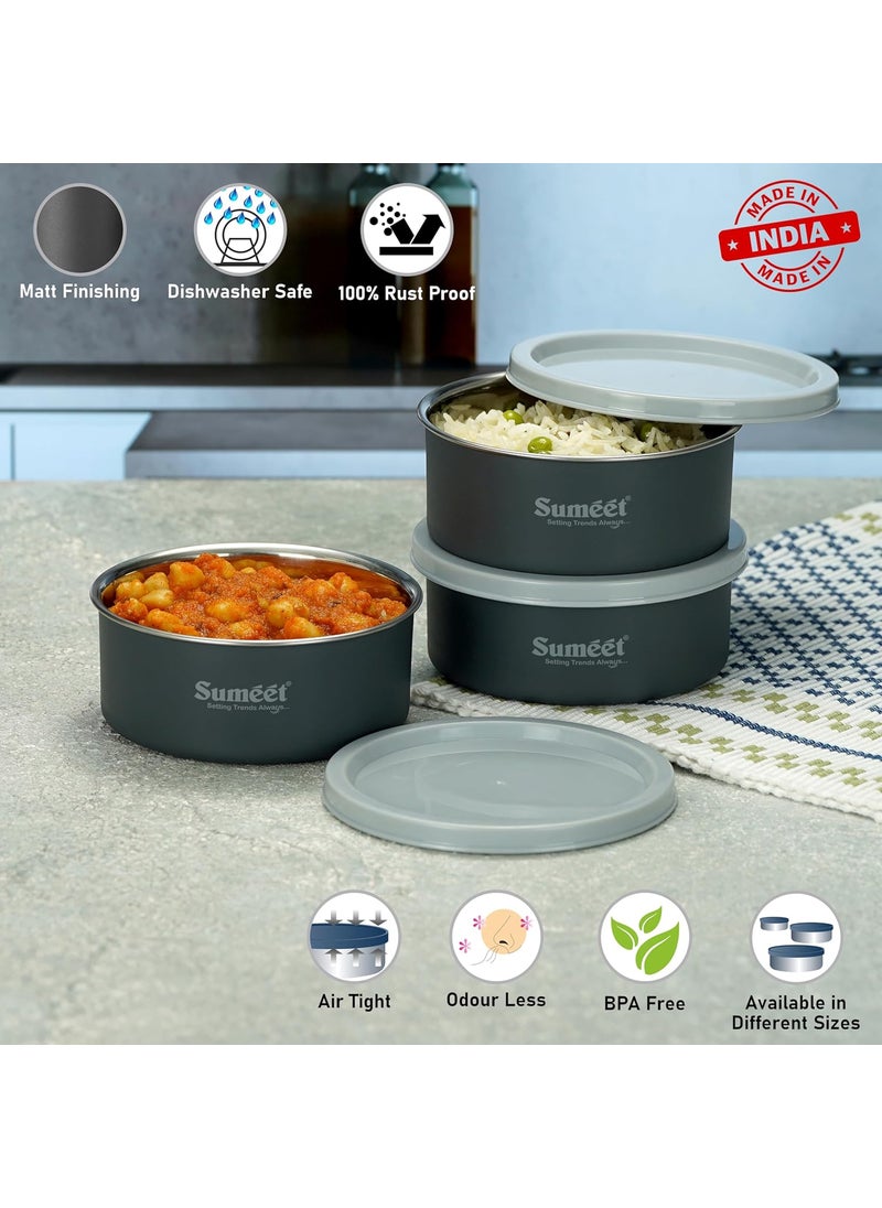 Sumeet Microwave Safe Stainless Steel Air Tight & Leak Proof Lunch Boxes/Storage Containers with Lids for Kitchen/Office/School, 420ml, set of 3, Grey