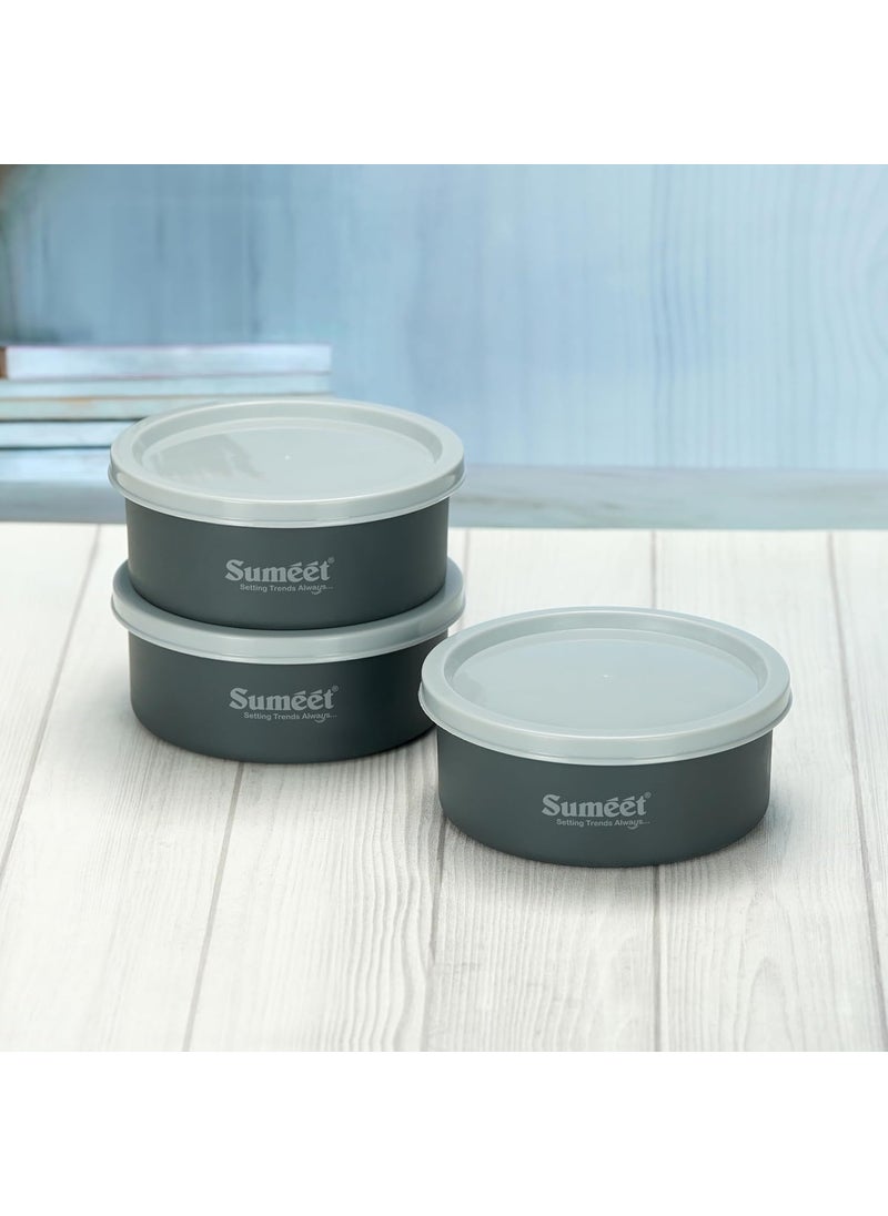 Sumeet Microwave Safe Stainless Steel Air Tight & Leak Proof Lunch Boxes/Storage Containers with Lids for Kitchen/Office/School, 420ml, set of 3, Grey