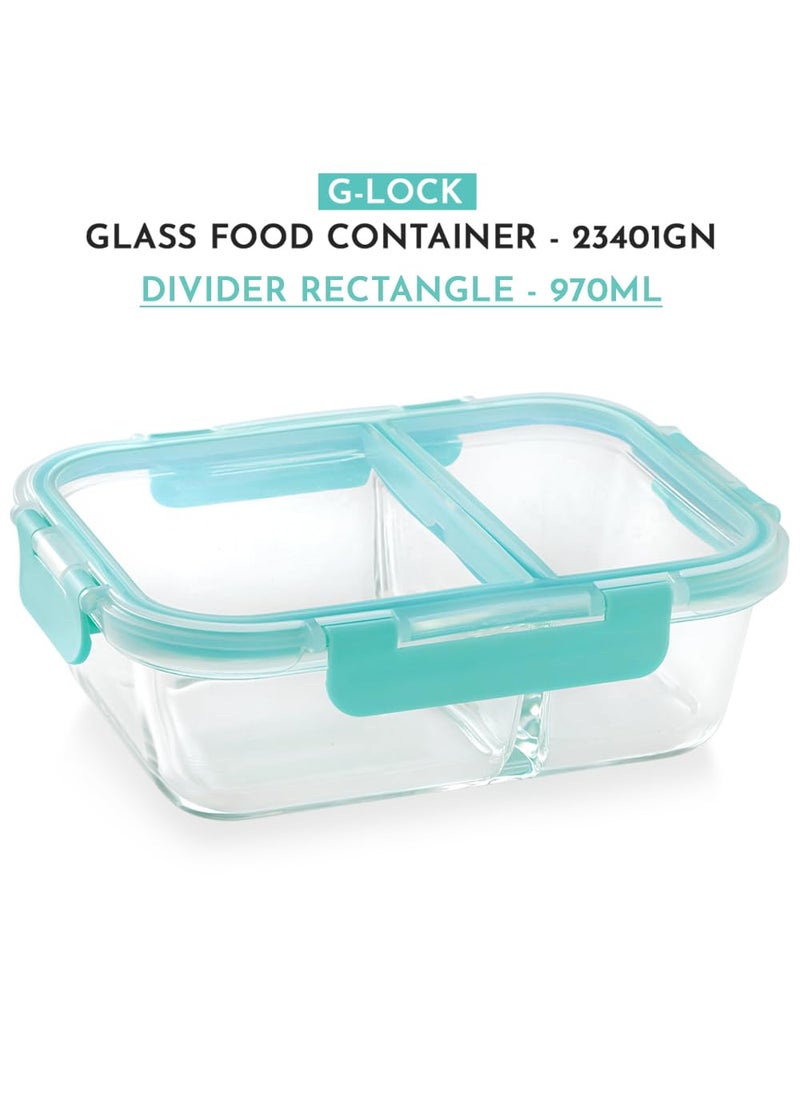 Magnus G-Lock Glass Food Divider Rectangle Container No. 4 | 970 ML with Detachable Lock - Ideal Lunch Box, Tiffin Box for Office Men - Durable and Leakproof Lunch Boxes for Office Use