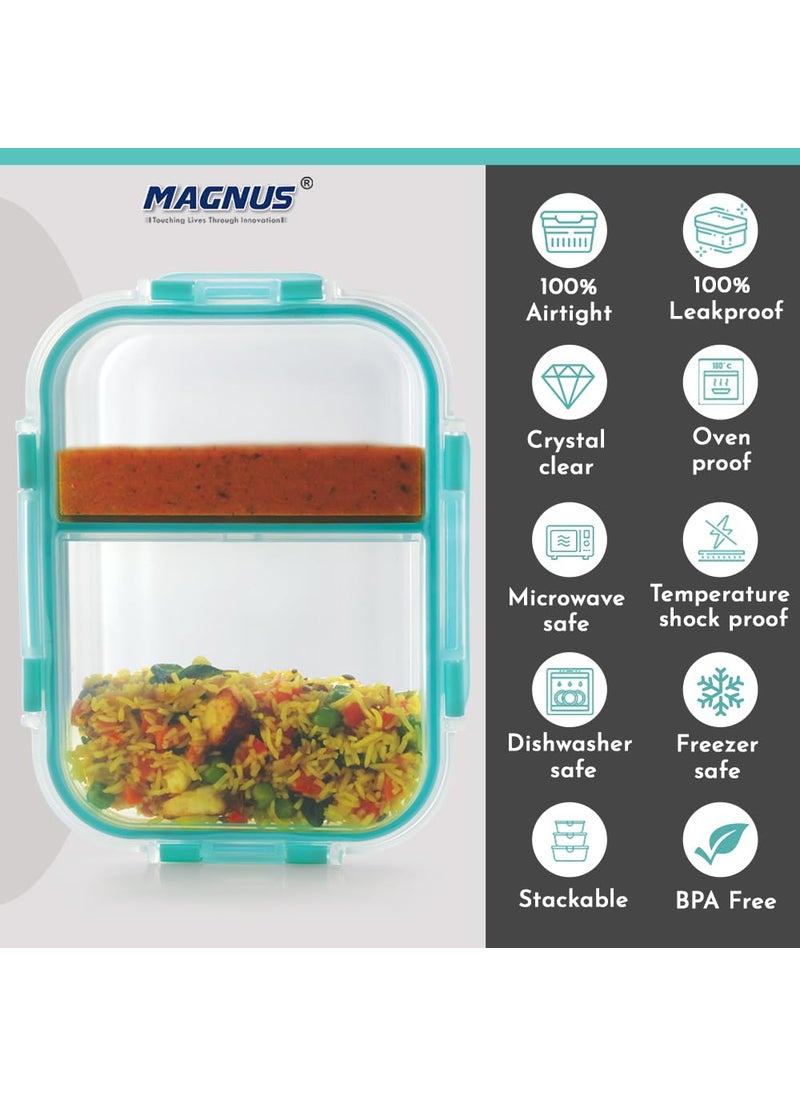 Magnus G-Lock Glass Food Divider Rectangle Container No. 4 | 970 ML with Detachable Lock - Ideal Lunch Box, Tiffin Box for Office Men - Durable and Leakproof Lunch Boxes for Office Use