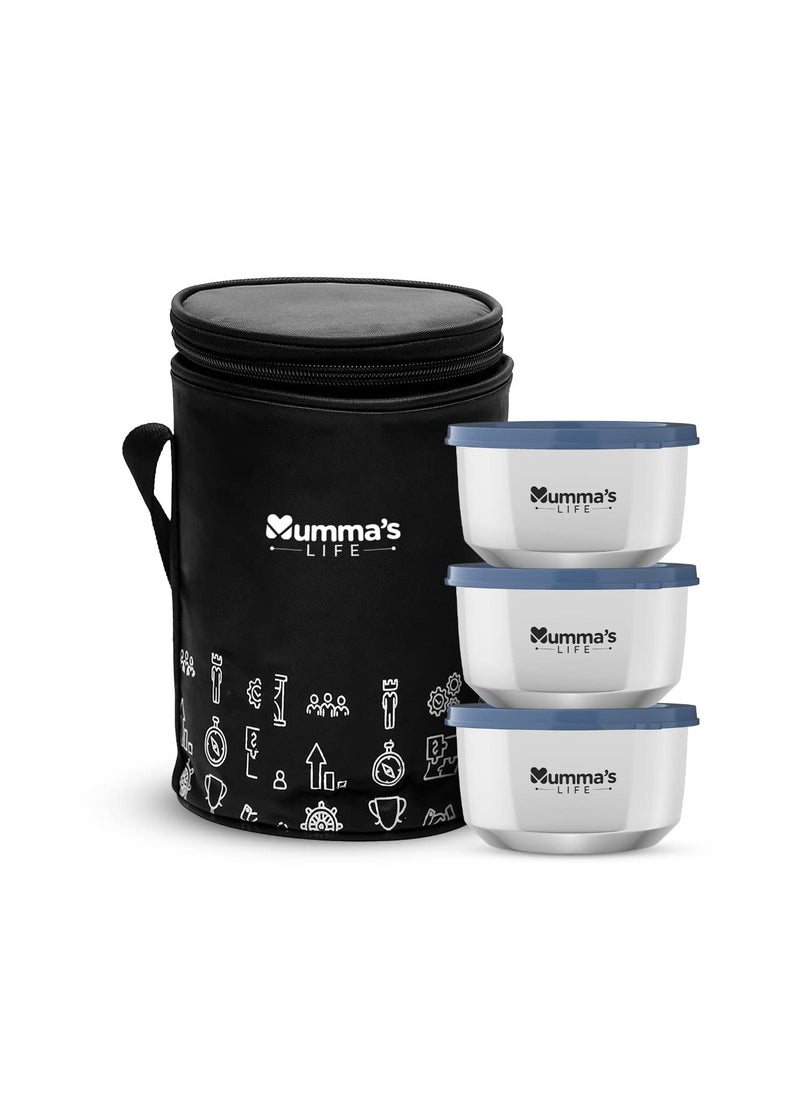 Mumma's LIFE Stainless Steel Vacuum Insulated Lunch Box 3 Containers Lunch Box With Lid (840 ML) (Black)