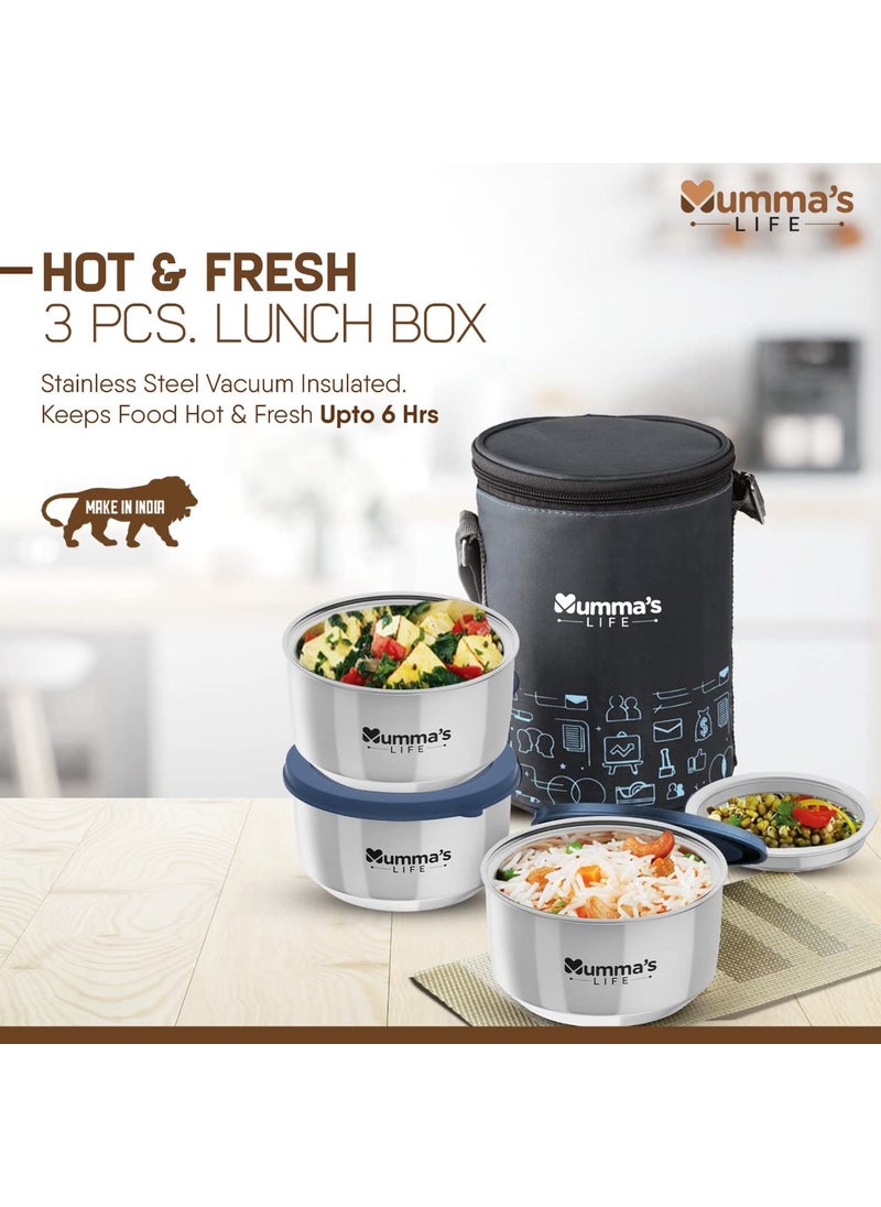 Mumma's LIFE Stainless Steel Vacuum Insulated Lunch Box 3 Containers Lunch Box With Lid (840 ML) (Black)