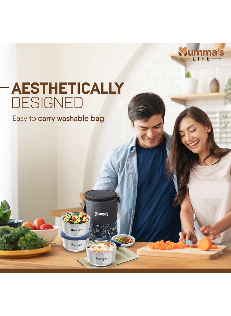 Mumma's LIFE Stainless Steel Vacuum Insulated Lunch Box 3 Containers Lunch Box With Lid (840 ML) (Black)