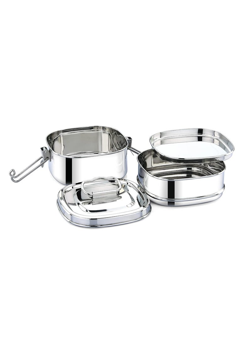 Expresso - Square Shape Stainless Steel Food Grade Lunch Box | Traditional Tiffin Carrier/Container for School/Office, Dia 13cm | 2 Tier