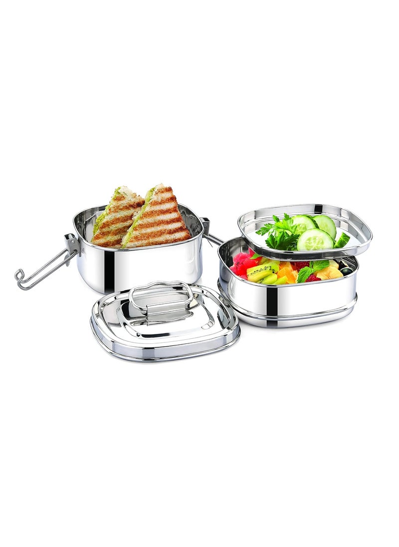 Expresso - Square Shape Stainless Steel Food Grade Lunch Box | Traditional Tiffin Carrier/Container for School/Office, Dia 13cm | 2 Tier