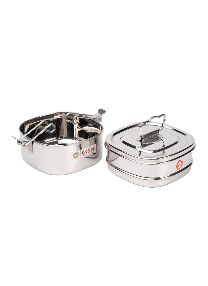 Expresso - Square Shape Stainless Steel Food Grade Lunch Box | Traditional Tiffin Carrier/Container for School/Office, Dia 13cm | 2 Tier