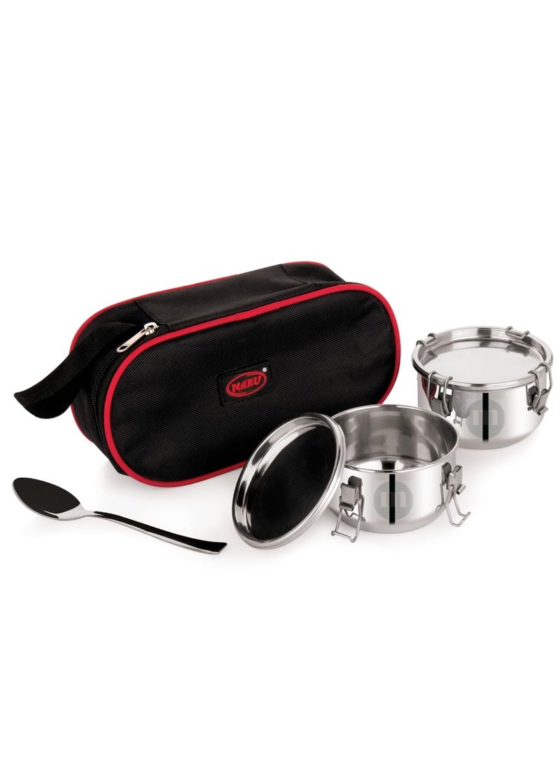 MARU Steel Tiffin Box Set of 2, 350ml Leakproof Containers with Insulated Bag, Easy to Carry & Clean, Airtight Lunch Box for Kids & Adults, Perfect for School & Office. Multi Compartments for Foods