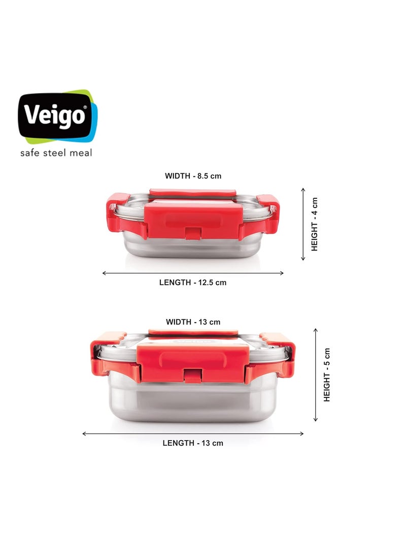 Veigo Premium Finish Maxo Series Stainless Steel Medium & Small Airtight Leak-Proof Lunch Box for Office, School, Picnic, (Medium 450 ml, Small 200ml)- Red