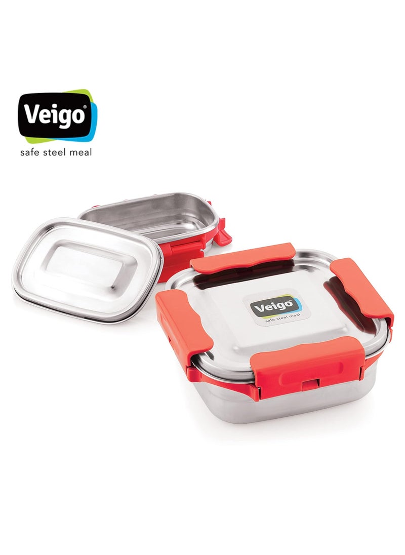 Veigo Premium Finish Maxo Series Stainless Steel Medium & Small Airtight Leak-Proof Lunch Box for Office, School, Picnic, (Medium 450 ml, Small 200ml)- Red
