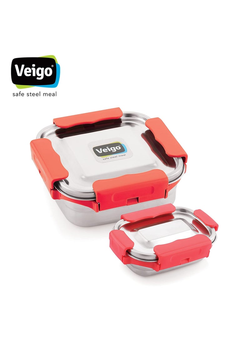 Veigo Premium Finish Maxo Series Stainless Steel Medium & Small Airtight Leak-Proof Lunch Box for Office, School, Picnic, (Medium 450 ml, Small 200ml)- Red