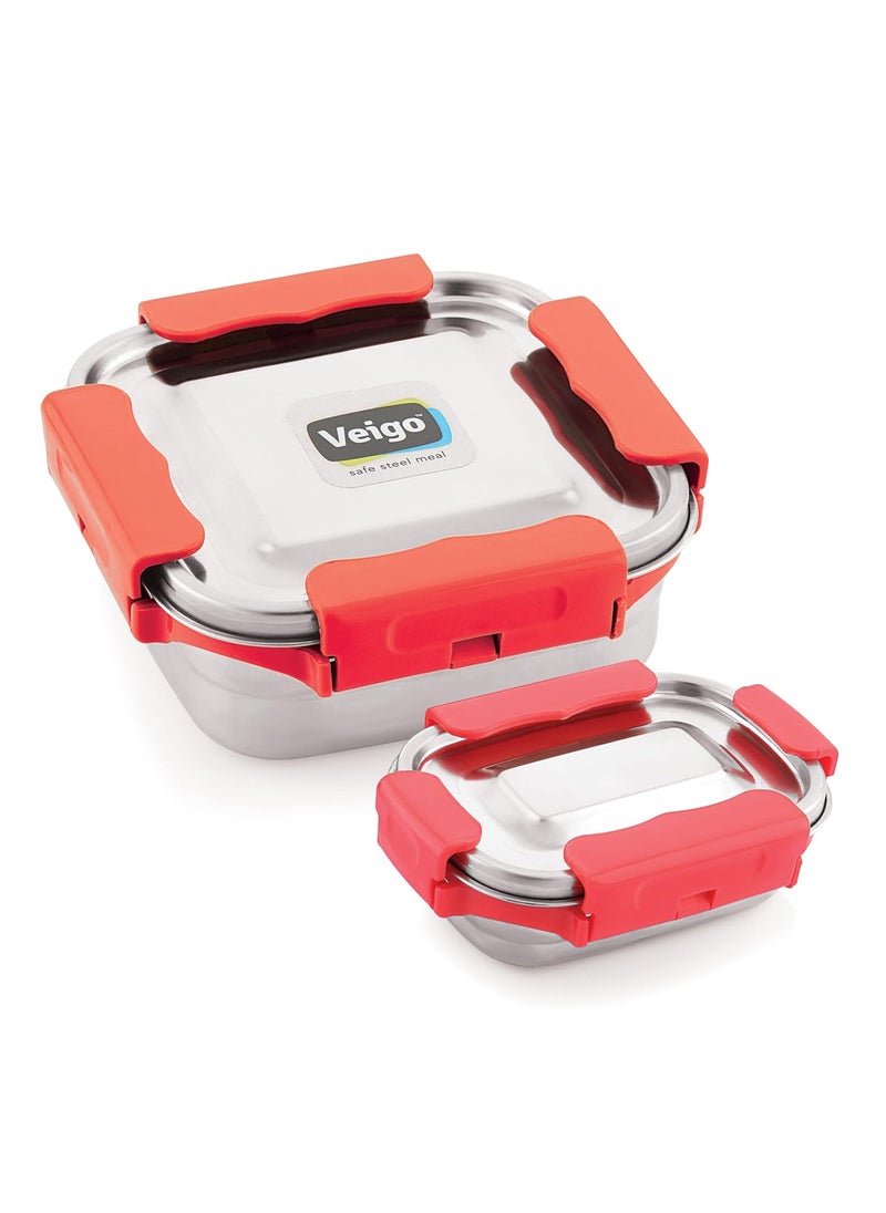 Veigo Premium Finish Maxo Series Stainless Steel Medium & Small Airtight Leak-Proof Lunch Box for Office, School, Picnic, (Medium 450 ml, Small 200ml)- Red