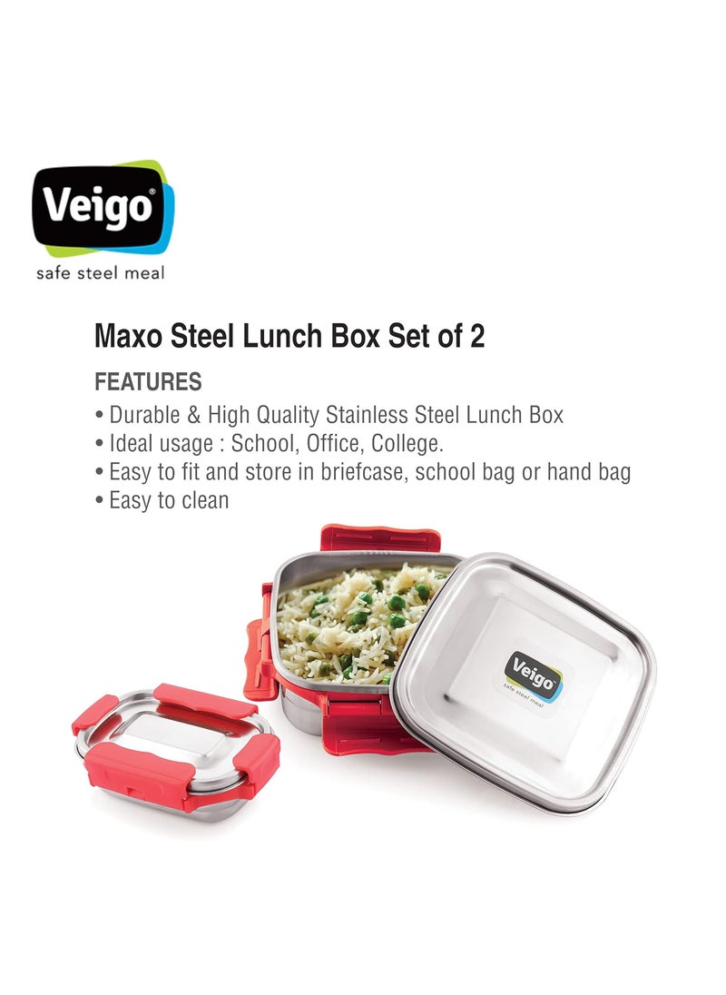 Veigo Premium Finish Maxo Series Stainless Steel Medium & Small Airtight Leak-Proof Lunch Box for Office, School, Picnic, (Medium 450 ml, Small 200ml)- Red
