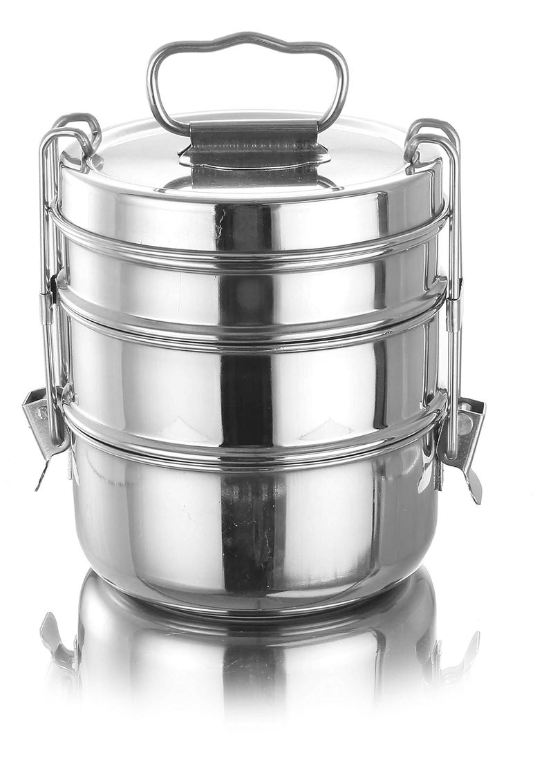 Expresso - Stainless Steel Food Grade Lunch Box | Traditional Tiffin Carrier/Container for School/Office, Dia 13cm | 3 Tier