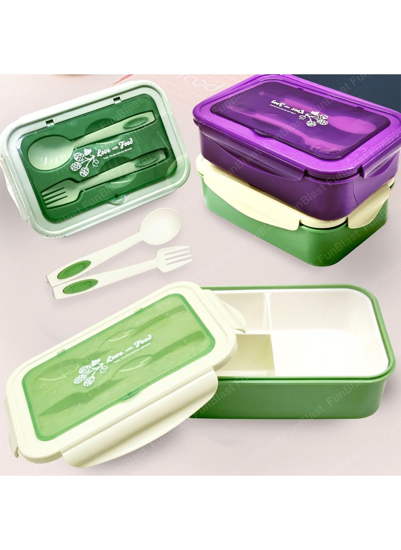 FunBlast Lunch Box, 3 Compartment Lunch Box for Kids, 1400 ML Lunch Box for School, Kids Lunch Box for School, Lunch Box with Spoon and Fork for Kids (Food Grade Plastic) Random Color