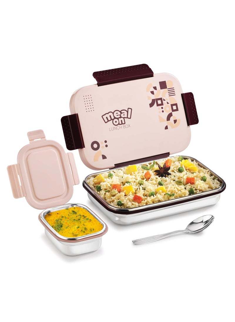 PRATAP Leak Proof Airtight BPA Free 100% Food Grade Meal On Premium Stainless Steel Lunch Tiffin Box Set for School Kids, Boys, Girls, Office, Women, Men with Steel Spoon (Peach, 750 ml & 200 ml)