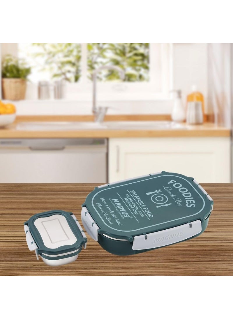 Magnus Spike Lunch Box SP (Green) - Stainless Steel Lunch Box Set with Leakproof Containers (800ml & 150ml) - Ideal Lunch Box for Kids & Lunch Boxes for Office Men, Women - Airtight & Insulated Design