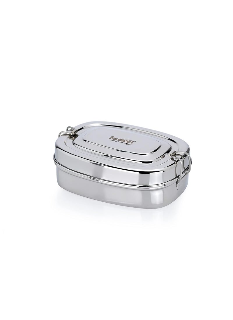 Sumeet Stainless Steel Rectangle Lunch Box/Tiffin for Kids/School with 2 Compartments and Locking Clip, 550ML, Ideal for 1 Person - Silver