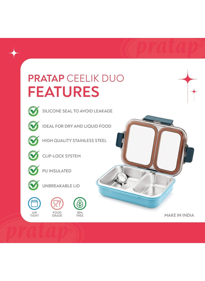 PRATAP Leak Proof Airtight Unbreakable Lid BPA Free Ceelik Duo Stainless Steel Insulated Lunch Tiffin Box Set with Steel Spoon 2 Compartment Lunch Box for School Kids, Office Women Men (Blue, 680 ml)