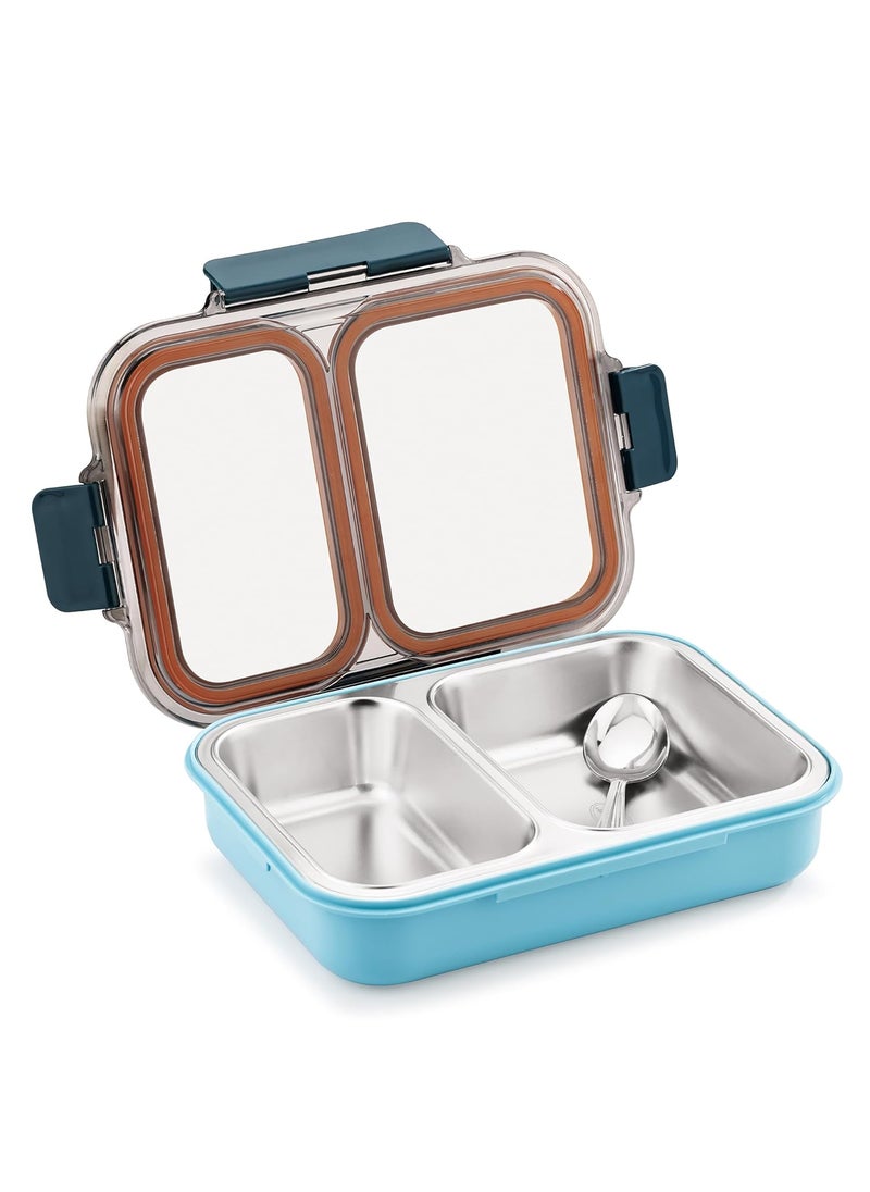 PRATAP Leak Proof Airtight Unbreakable Lid BPA Free Ceelik Duo Stainless Steel Insulated Lunch Tiffin Box Set with Steel Spoon 2 Compartment Lunch Box for School Kids, Office Women Men (Blue, 680 ml)
