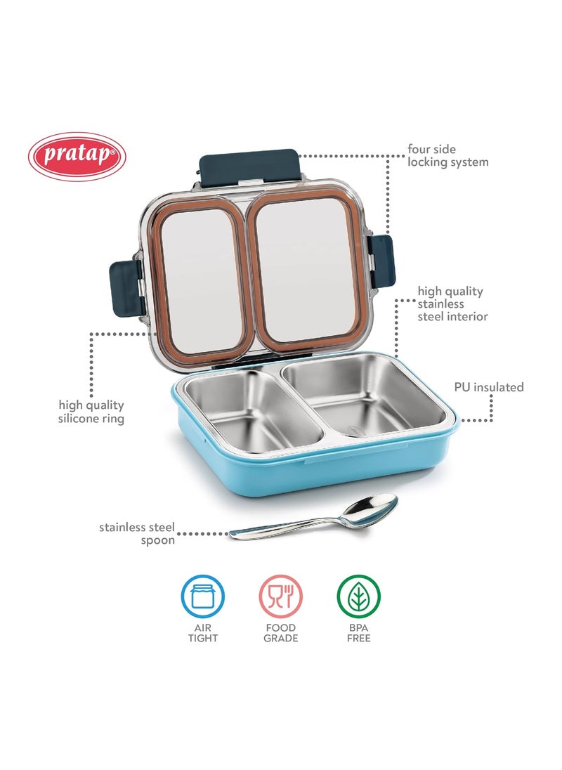 PRATAP Leak Proof Airtight Unbreakable Lid BPA Free Ceelik Duo Stainless Steel Insulated Lunch Tiffin Box Set with Steel Spoon 2 Compartment Lunch Box for School Kids, Office Women Men (Blue, 680 ml)